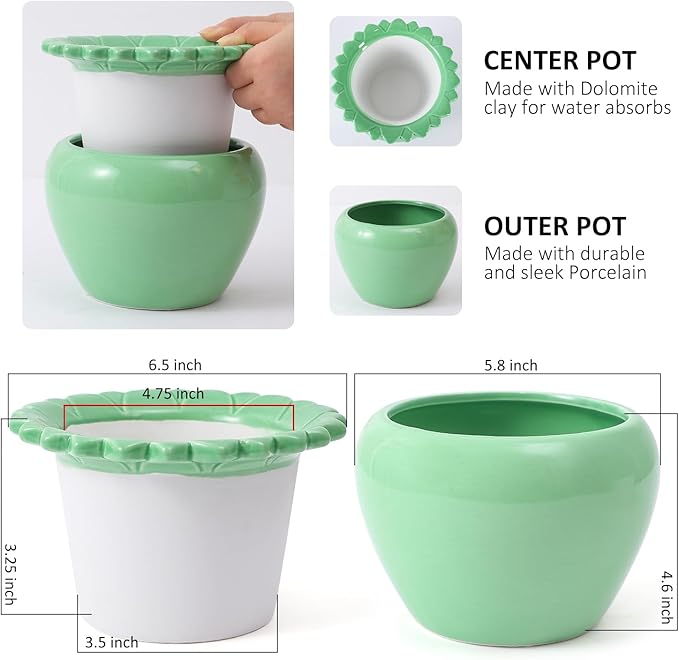 2pcs African Violet Planter Pot - 6.5inch Self Watering Green Ceramic Pot with Creamic Reservoir