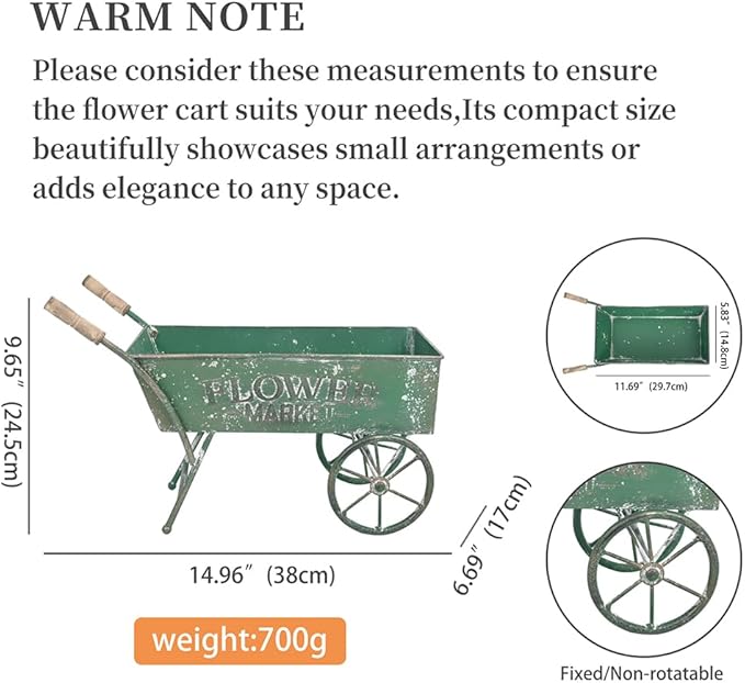15 Inch Farmhouse Small Flower Cart with Wooden Handles Metal Wagon Planters for Outdoor Plants Decorative Wheelbarrow Plant Cart for Patio Garden Balcony Green