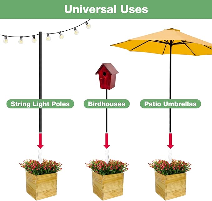 Extra Large Decorative Wooden Planter w/ Universal Pole Support for String Light Poles,Umbrellas,Bird Feeders. Solid Wood Outdoor Garden Box for Plants(Does not include Pole), 17"x17"x18", Natural