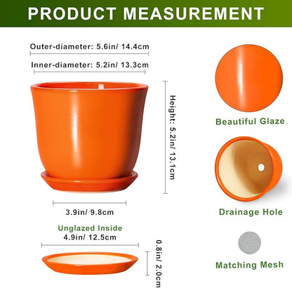 5.6 Inch Plant Pot - Ceramic Pots for Plants Indoor Outdoor, Succulent Pot with Drainage Hole and Saucer, Round Modern Flower Pots, Garden Home Room Decor, Gifts for Plant Lovers, Orange