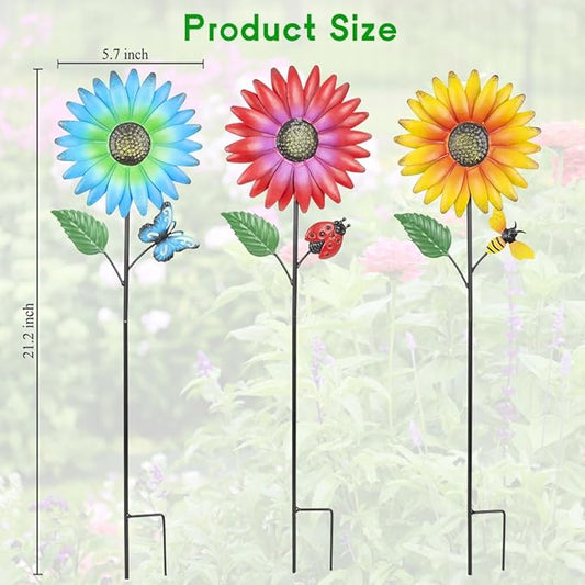 Stargarden Metal Flower Garden Stakes, 3 Pcs Decorative Garden Stakes, Colorful Metal Flowers Garden Decor, Waterproof Lawn Ornaments for Indoor, Outdoor