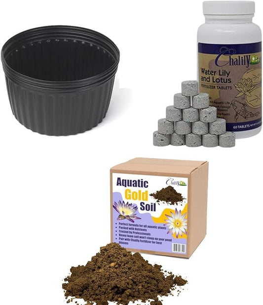 Chalily Aquatic Planting Bundle for Waterlilies, Bog Plants, Lotus Easy Water Lily Plant Kit Hardy Tropical Waterlily Kit Pond Water Garden Soil Pond Plants (16qt Soil, 4 of 10” Pot, Fertilizer)
