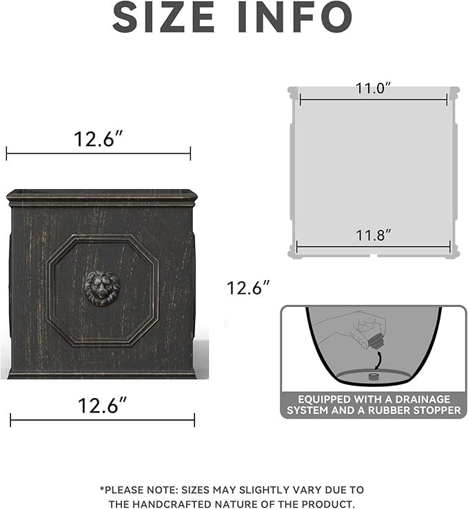 Kante Square Lion Head Concrete Planter, Classic English Style Plant Pot with Drainage Hole and Rubber Plug for Indoor Outdoor Garden Patio Home, 12.6"x12.6"x12.6" Metallic Chestnut