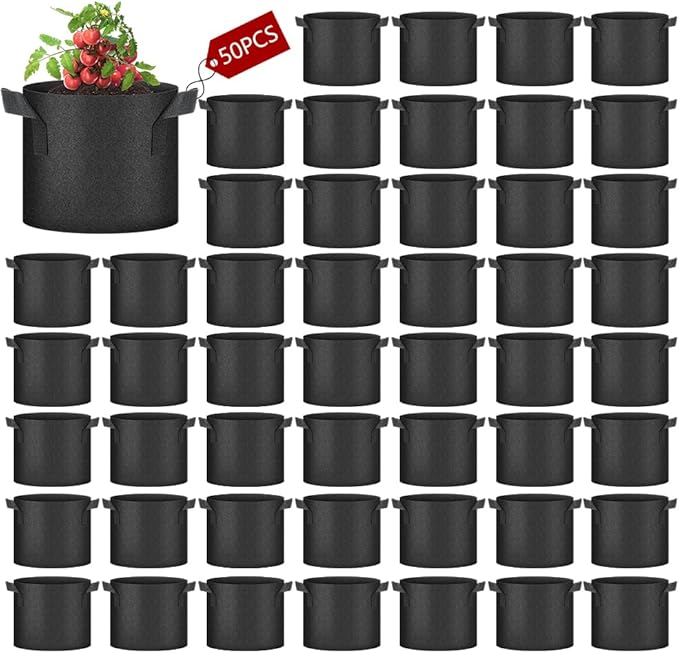 50 Pack Grow Bags, Black Heavy Duty Fabric Pots Nonwoven Potato Grow Bags with Sturdy Handles & Reinforced Stitching, Breathable Vegetable Flower Plant Growing Containers Bags (10 Gallon)