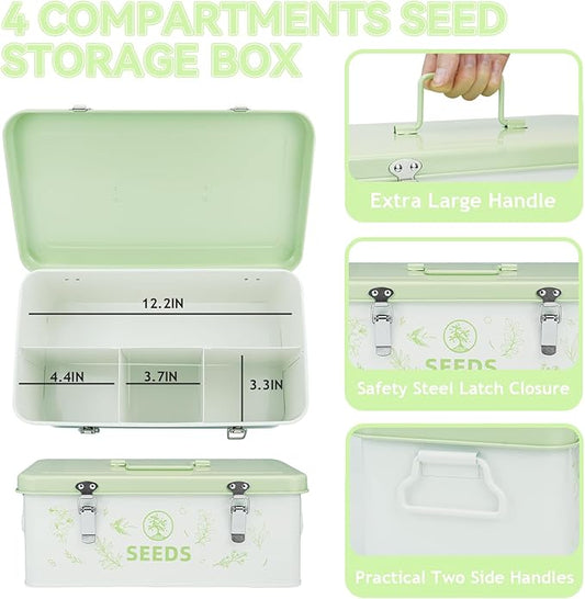 Seed Storage Box, Seed Storage Organizer with Garden String, 30 Seed Envelopes and Bamboo Plant Labels, 4 Compartments Garden Seed Organizer Box with Safety Locks, Light Green