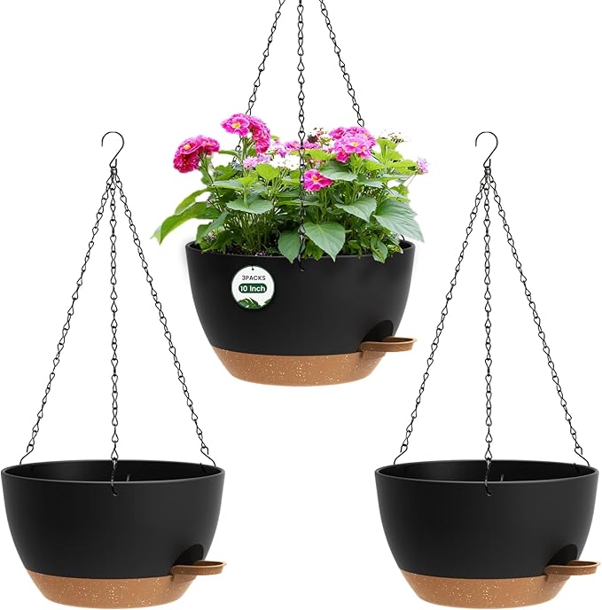 3 Pack 10 Hanging Flower Pots with Chains Self Watering Plastic Planters for Indoor Outdoor Plants, Sturdy Triangular Iron Chain Design for Garden PorchPlastic hanging flower pots (3, Black Brown)