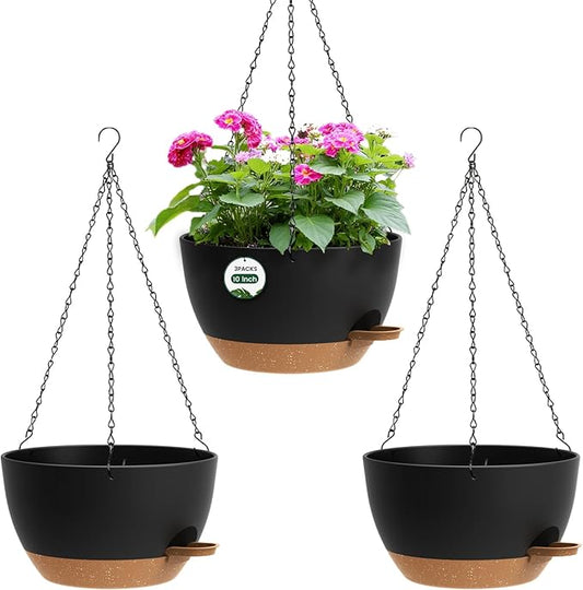 3 Pack 10 Hanging Flower Pots with Chains Self Watering Plastic Planters for Indoor Outdoor Plants, Sturdy Triangular Iron Chain Design for Garden PorchPlastic hanging flower pots (3, Black Brown)