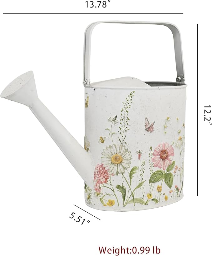 Vintage Floral Metal Watering Can for Indoor/Outdoor Plants, White Functional Garden Waterer with Long Spout, Garden Water Pot Rustic Decor for Home Garden Patio
