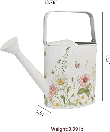 Vintage Floral Metal Watering Can for Indoor/Outdoor Plants, White Functional Garden Waterer with Long Spout, Garden Water Pot Rustic Decor for Home Garden Patio