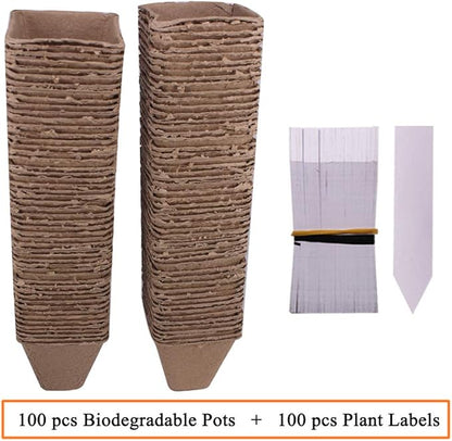 100 Pack 3.15" Square Biodegradable Peat Pots Plant Seedling Saplings & Herb Seed Starters Kit with 100 Pcs White Plastic Plant Labels