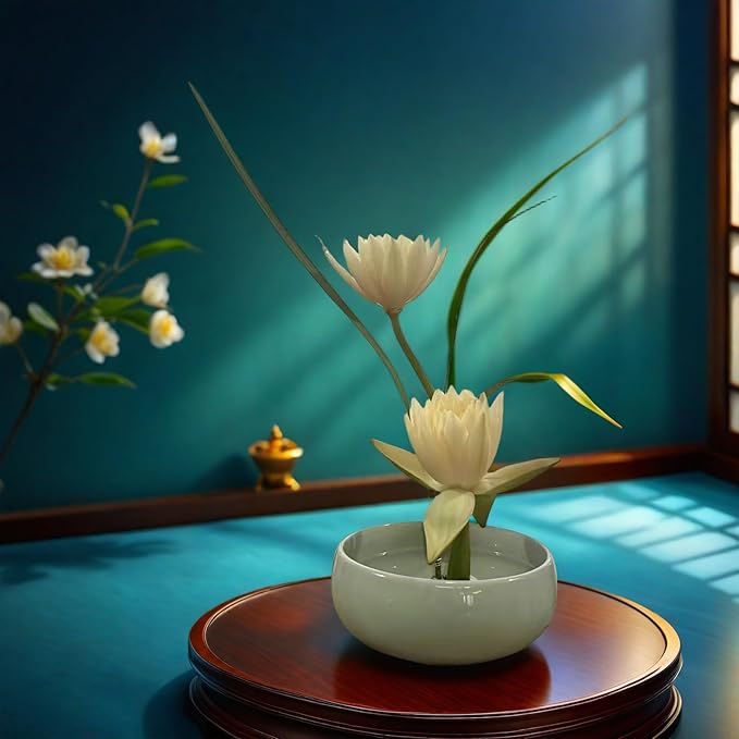 Water Lotus Bowl Planter Kit - Japanese Compote Bowl Ikebana Vase Set w/ 1.8" Floral Frog- Ideal for Ikebana, Flower Arrangement & Hydroponic Planting (Ice Crackle Celadon)