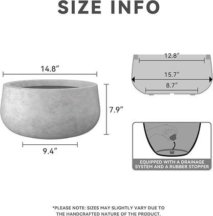 Kante 15.7" Dia Round Concrete Planter, Outdoor Indoor Garden Plant Pots with Drainage Hole and Rubber Plug, Modern Curvaceous Design, Natural Concrete
