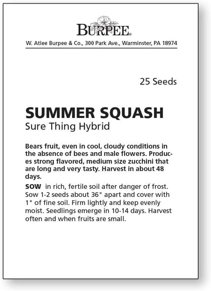 Burpee Sure Thing Zucchini Summer Squash Seeds 25 seeds