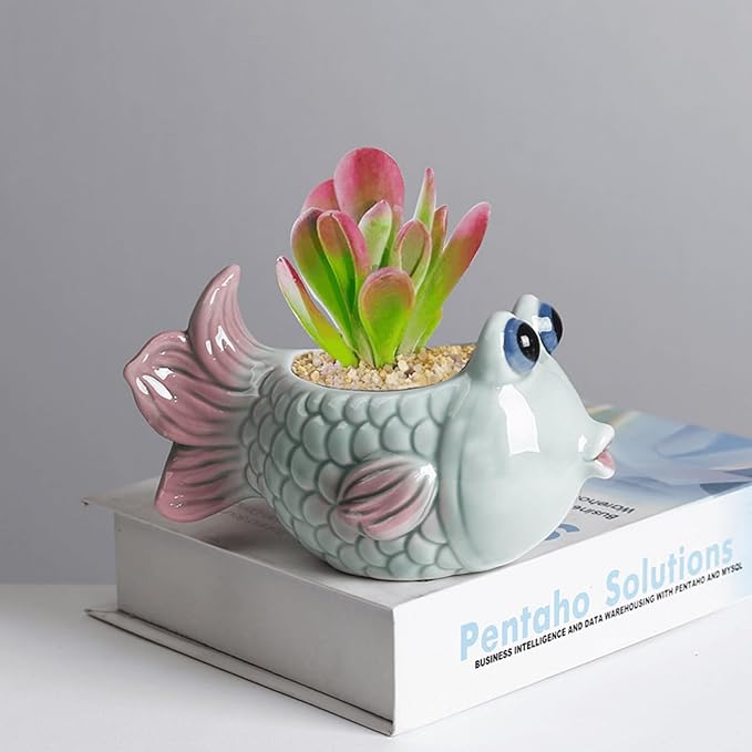 6 Inch Vintage Tropical Fish Ceramic Planter, Cute Cartoon Succulent Cactus Bonsai Pot, Air Plant Holder Display Container for Home Office Desk Shelf Windowsill Decor (No Plants)