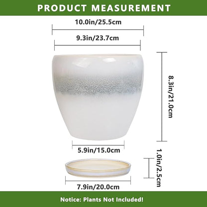 Ceramic Planter - 10 Inch Plant Pot with Drainage Hole and Plant Saucer, Round Decorative Large Flower Pots Indoor Outdoor, Home Patio Porch Room Decor, Birthday Gifts, White-Grey