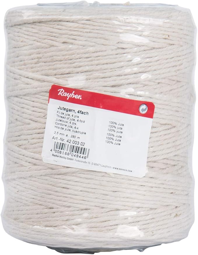 RAYHER Thread of Jute, 4-fold, 3,5 mm, Spool 280 m, Off-White, 1.35 x 1.35 x 1.55 cm