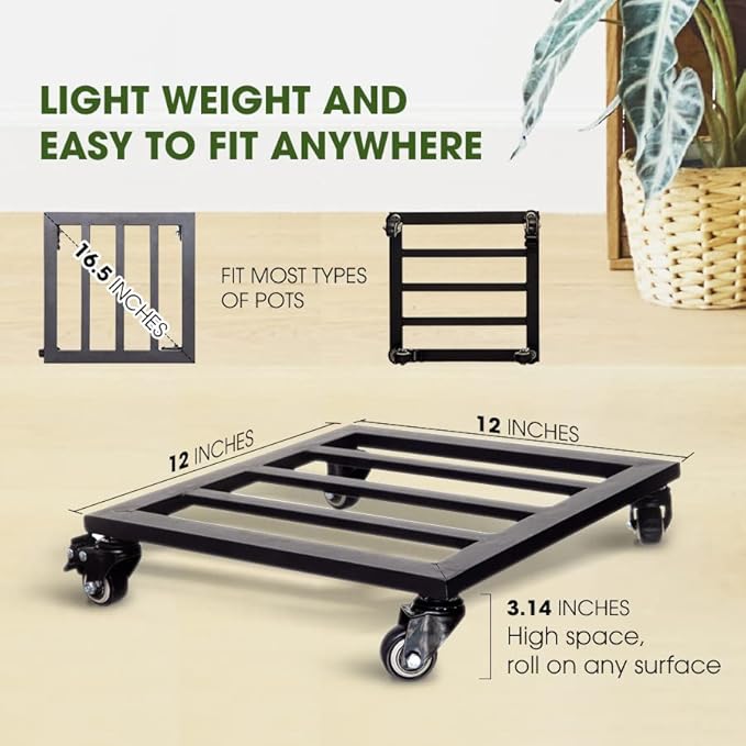 Idzo Plant Caddy with Wheels Lockable Heavy Duty Trolley Capacity 385 Lbs, Metal Cast Iron Plant Dolly, Plant Stand with Wheels Repositioning Heavy Pots 12Inch, Hauling Heavy Household Items - Black