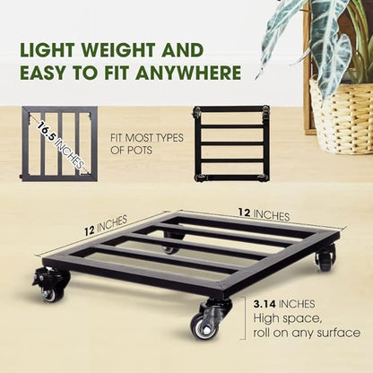 Idzo Plant Caddy with Wheels Lockable Heavy Duty Trolley Capacity 385 Lbs, Metal Cast Iron Plant Dolly, Plant Stand with Wheels Repositioning Heavy Pots 12Inch, Hauling Heavy Household Items - Black