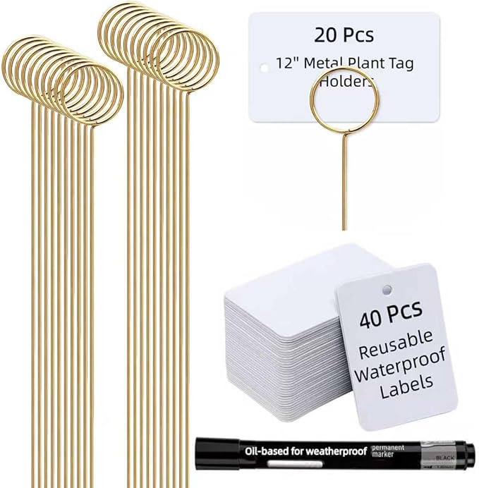 Plant Labels Kit, 20 PCS 12'' Copper Plant Tags Stakes with 40 PCS 1.97'' x 3.54'' Reusable Garden Labels Outdoor Waterproof Plus Marker Pen