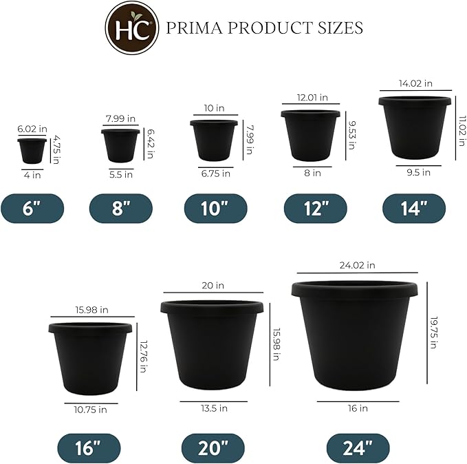 The HC Companies 12 Inch Round Prima Planter - Plastic Plant Pot with Rolled Rim for Indoor Outdoor Plants Flowers Herbs, Black