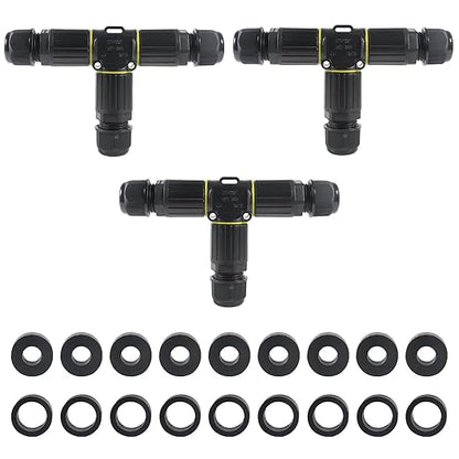 3PCS IP68 Waterproof Electrical Cable Connector, Outdoor 3 Pin T Shape Junction Box, Electrical Wire Connector for 5-9mm/9-12mm Wire Range