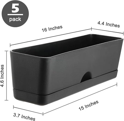 5 Pack Window Boxes Planters 16 Inches Rectangular Planter Herb Planter Boxes Large Plastic Flower Pots Rectangle Black Planter Outdoor and Indoor Succulent Window Sill Planter Self Watering Pots
