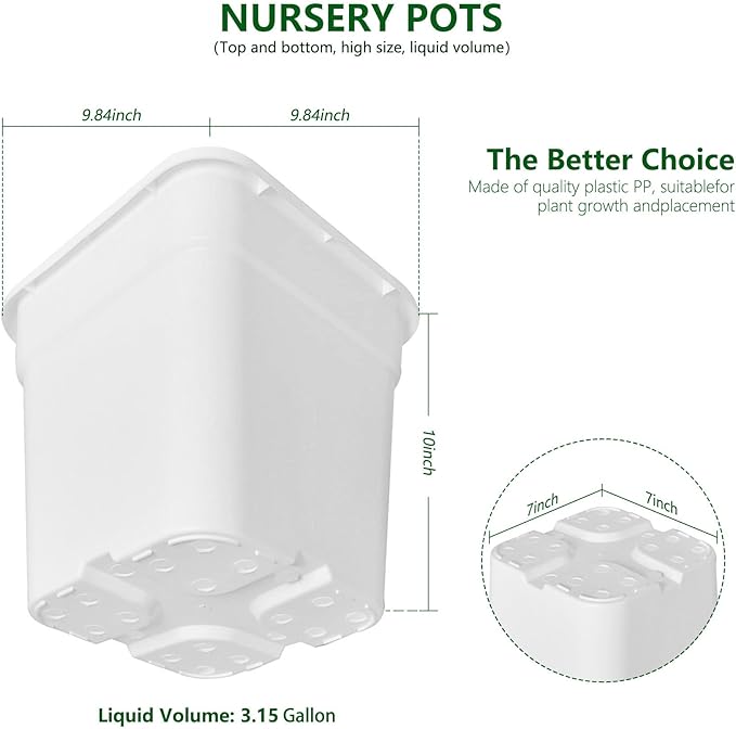 10-Pack 3 Gallon Square Planter Nursery Pots, Flower Plant Container Injection Molded Plastic Nursery Pots Gardening Pots for Indoor Outdoor Vegetables, Succulents, White