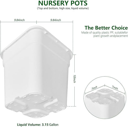 10-Pack 3 Gallon Square Planter Nursery Pots, Flower Plant Container Injection Molded Plastic Nursery Pots Gardening Pots for Indoor Outdoor Vegetables, Succulents, White
