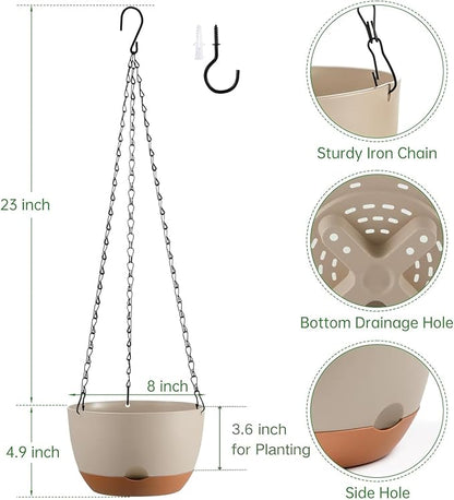 Hanging Planters for Indoor Plants, Set of 2 8/10 Inch Self-Watering Hanging Pots with Drainage Hole & Removable Water-Storage Tray II Screw-in Hooks II