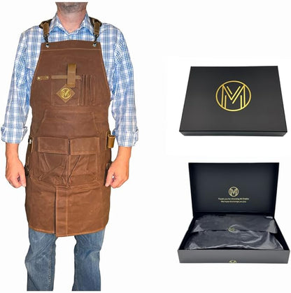 Mt Diablo 16oz - Woodworking Apron - Work Apron with Duck Weave Paraffin Waxed Canvas, Genuine Leather - Fits XS-XL