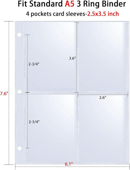 80 Pack 640 Pockets 2.5x3.5 Trading Card Sleeves,A5 Binder 4 Pocket Card Sleeves,Double-Sided 4 Pocket 6.1x7.6 Page Protector,Ultra-Clear Game Card Sheets for A5 Mini 3 Ring Binder