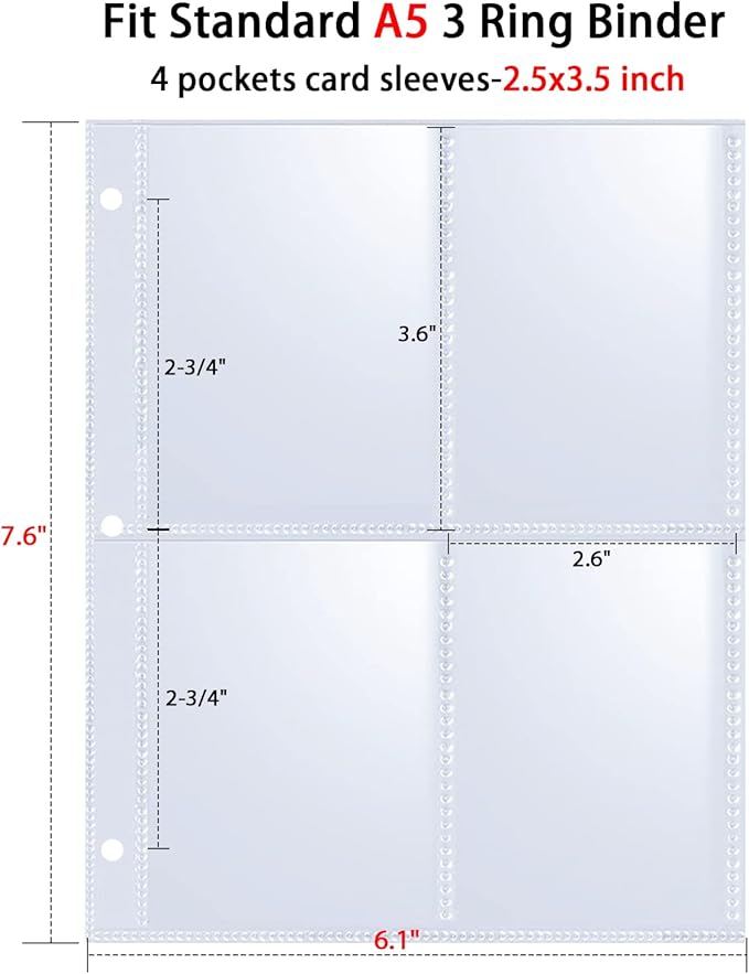50 Pack 400 Pockets 2.5x3.5 Trading Card Sleeves,A5 Binder 4 Pocket Card Sleeves,Double-Sided 4 Pocket 6.1x7.6 Page Protector,Ultra-Clear Game Card Sheets for A5 Mini 3 Ring Binder