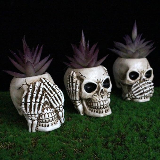 YYW Skull Planter Pot Set of 3 Succulents Pot Halloween Skeleton Sculpture Decor Resin Flowerpot for Home Office Desk Decorations
