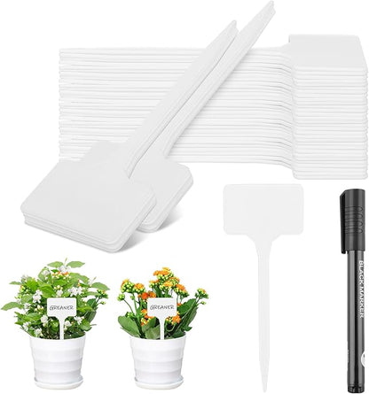 Greaner Thick Plastic Plant Makers, 6 Inch White T-Type Plant Tags, Plant Markers for Outdoor Plants Waterproof, Nursery Garden Labels for Seeds with A Marker Pen(50 PCS)