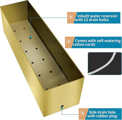 17" Large Stainless Steel Planter Box with Drain Holes and Water Reservoir, Rectangle Succulent Trough Planter Pot for Indoor Outdoor Windowsill, Table Decor (Brushed Gold)