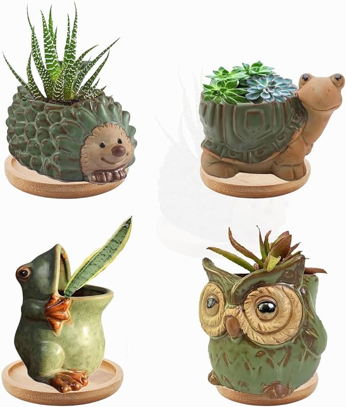 Decorative Ceramic Planter with Bamboo Base Indoor Plant Holder Animal Shaped Ceramic Succulent Pot with Drainage Mini Succulent Plants Cactus Planter (4 Pcs)