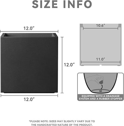 Kante 12 Inch Square Concrete Planter for Outdoor Indoor Home Patio Garden, Large Plant Pot with Drainage Hole and Rubber Plug, Black