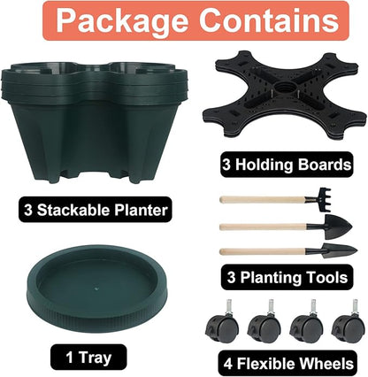 DUNCHATY Stackable Planter, Vertical Garden Planter with Wheels and Tools, Self Watering Strawberry Planter Indoor/Outdoor 3 Tier Herb Planter Pots for Growing Vegetables and Succulents,Pine Green
