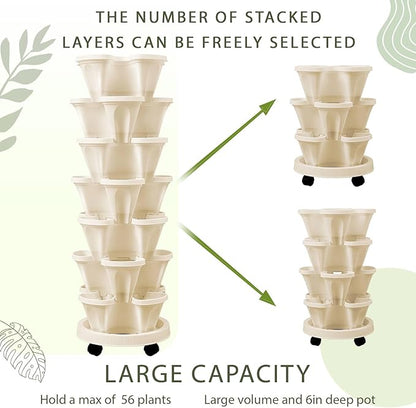 Umigy 2 Set of 7 Tier Vertical Planter Stackable Tower Planters Strawberry Herb Flower and Vegetable Pots Indoor Outdoor Gardening Pots with Removable Wheels and Tools(Beige)