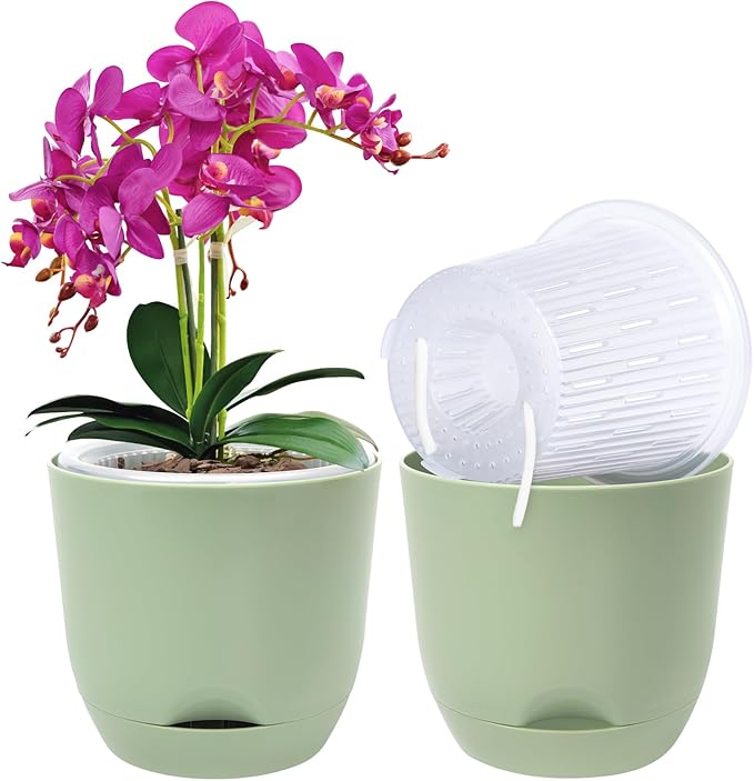 QCQHDU 2 Pack 5.7 Inch Orchid Pots with Holes for Repotting, Double-Layer and Self Watering Orchid Pot with Good Air Circulation
