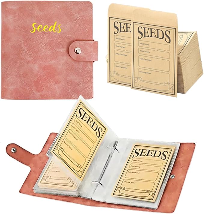 Seed Storage Organizer Binder, PU Seed Packet Organizer with 50 Clear Pockets(25 Pack Sheet Sleeves) and 50 Pack Seed Envelopes, Garden Seed Holder Book, Pink Flower Plant Seed Keeper