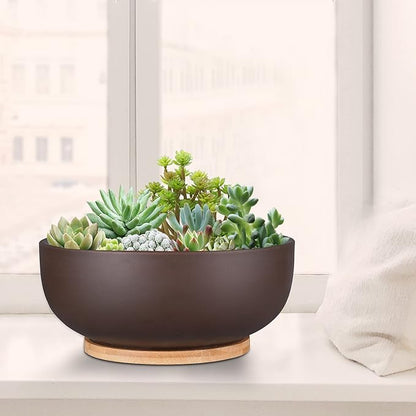 10 Inch Terracotta Planter, Large Succulent Bonsai Planter Pot with Drainage Hole and Bamboo Saucer for Indoor Plants, Brown