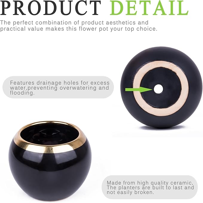 Black Gold Spherical Ceramic Plant Pots Succulent Small Planter Indoor Modern Decorative Indoor-Outdoor Garden Plant Pots with Drainage Holes - Plants Not Included 3.94 x 3.94 x 3.15 Inch