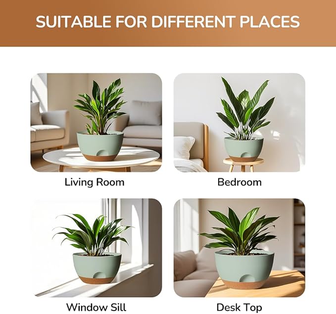 12 Inch Large Self Watering Pots, 2 Pack Plant Pots with Drainage Holes and Saucers, Self Watering Planter for Indoor Outdoor Garden Plants and Flowers (Green)
