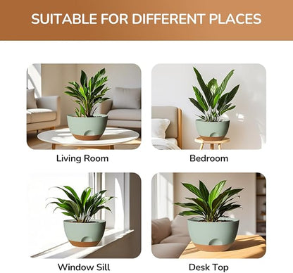12 Inch Large Self Watering Pots, 2 Pack Plant Pots with Drainage Holes and Saucers, Self Watering Planter for Indoor Outdoor Garden Plants and Flowers (Green)