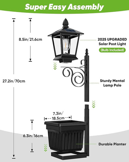 Outdoor Flower Pots 2 in 1, Solar Lamp Post with Planter, Metal Pole, Wall Mount/Standing Solar Planter Lights IP65 Waterproof, Decorative Lamp for Garden, Patio, Porch, 1-Pack (Flowers not Included)