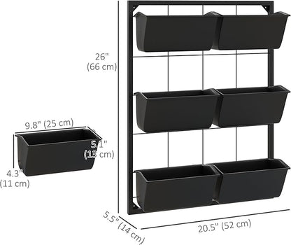 Outsunny 3-Tier Wall Planter with 6 Pots for Indoor and Outdoor Use, Hanging Plant Holder, Self Draining Wall Mounted Planter for Vegetables, Flowers, Herbs, Black