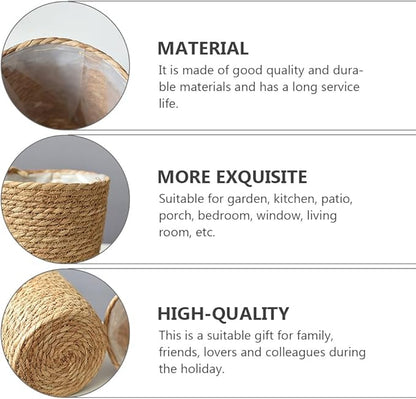 Veemoon 2Pcs Wicker Planter Basket, Rattan Grass Woven Flower Pot Seagrass Planter with Plastic Liner Farmhouse Storage Fruit Bowl Hyacinth Storage Baskets for Plant Flower Fruit Vegetable, 8.65inch H