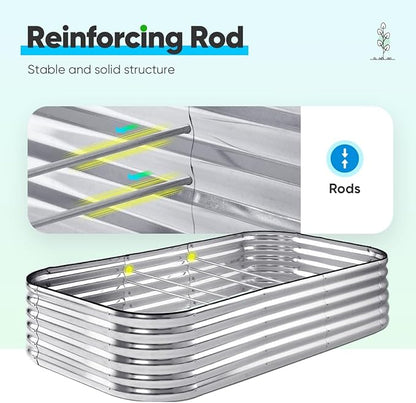 Quictent Raised Garden Bed Kit Oval Galvanized Metal Planter Box Tall for Vegetables Outdoor Backyard, Strengthened by Crossbar, Silver 8x4x1.5 ft
