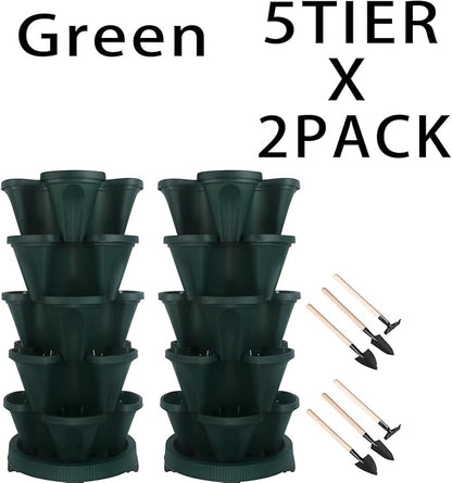 GameXcel Vertical Planter 5 Tier Stackable Planters Garden Planters Strawberry Herb Flower and Vegetable Planter Indoor Outdoor Gardening Pots with Removable Wheels and Tools 2-Pack